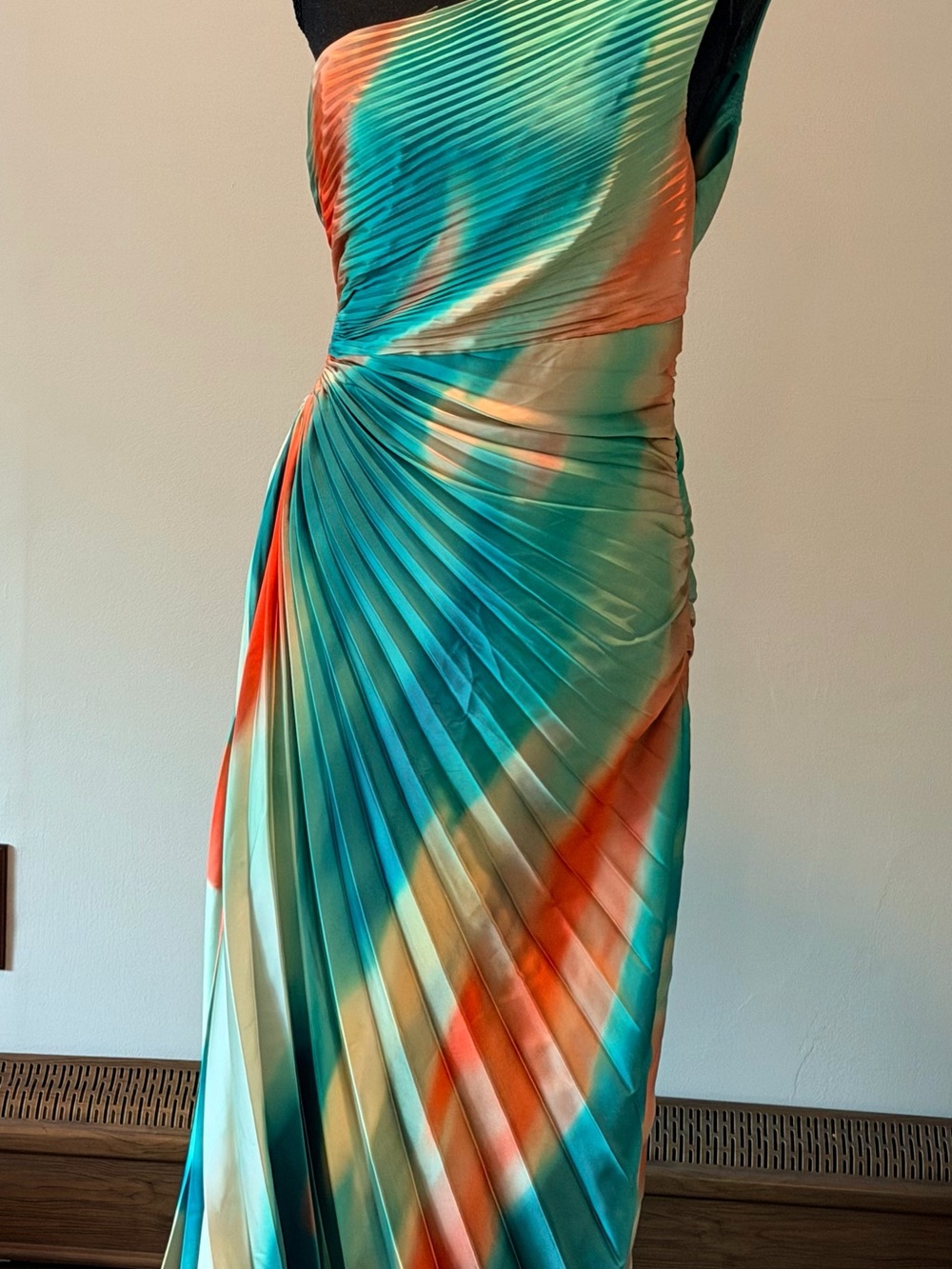 Women's Pleated Multicolor Maxi Dress - Turquoise & Coral